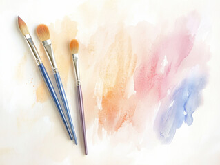 Three paintbrushes on watercolor background with soft pastel hues