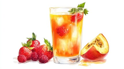 Poster - on a bright, transparent white background, a glass of fruit juice stands with its vibrant colors shi