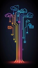 Poster - a conceptual graphic of a bright path leading away from dark cloud icons, representing escaping onli