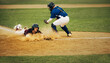 © Jacob Lund - Intense baseball action as player slides home with dust cloud while catcher prepares for tag