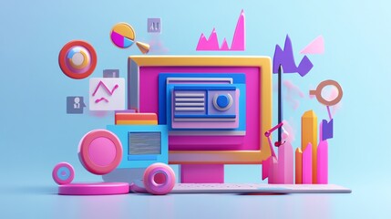Poster - A 3D illustration of a computer screen with colorful icons and charts representing data and analytics.