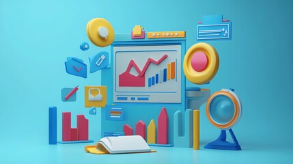 Poster - 3D rendering of colorful business and technology icons on a blue background.