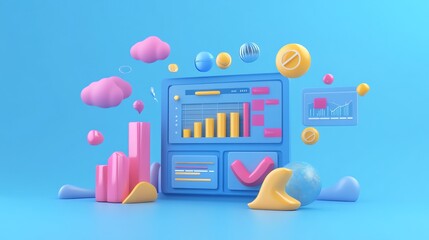 Poster - 3D rendering of colorful icons and charts depicting business growth and success.