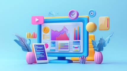 Poster - 3D rendering of colorful icons and charts depicting business growth and success.