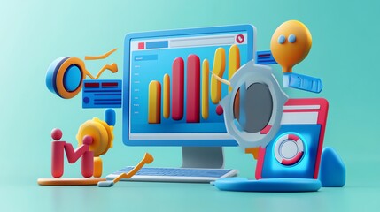 Poster - A 3D illustration of a computer screen with colorful icons and charts representing data and analytics.