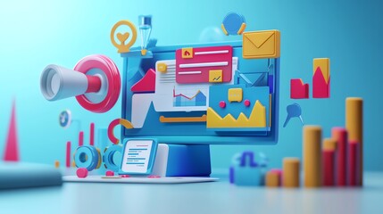 Poster - A 3D illustration of a computer screen with colorful icons and charts representing data and analytics.