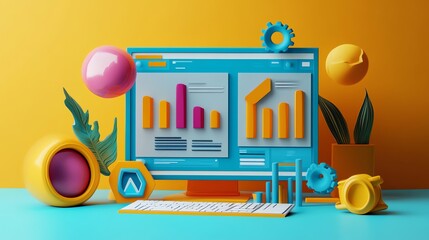 Poster - A 3D illustration of a computer screen with colorful icons and charts representing data and analytics.