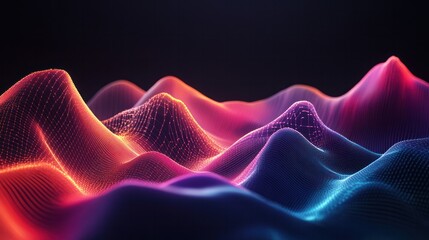 Poster - abstract graph of data and technology, featuring layered geometric shapes in various colors that rise and fall like waves.