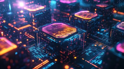 Poster - blockchain system, featuring a series of hexagonal blocks interconnected by glowing lines. The blocks contain abstract data visuals,