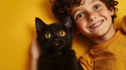 Poster - Happy child cuddling a black kitten. AI.