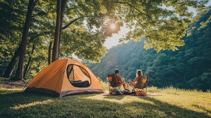 tourist on a camping trip relax outside their tent