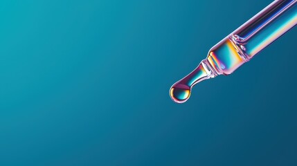 Poster - Artificial Tears For Eye Care Concept, Close-Up of a Glowing Droplet Emerging from a Pipette with a Vibrant Background and Reflections Creating an Artistic Visual Experience