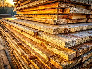 Wooden planks stacked neatly, illuminated by warm sunlight, showcasing the texture and grain of the timber in a rustic setting.