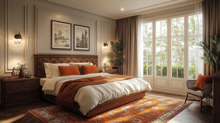 Fototapete - Cozy modern bedroom with natural light and elegant decor in a serene setting