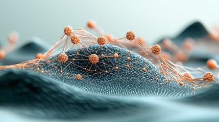 Poster - Clean and Minimalistic 3D Render of Abstract Networks on Flowing Terrain with Organic Forms and Soft Color Palette for Modern Visual Concepts