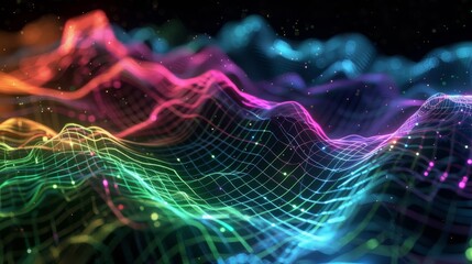 Wall Mural - Abstract background with multicolored wave forms and grid-like mesh overlay in rainbow hues. Luminous particles create a vibrant, dynamic effect against a dark background