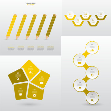 Set of creative yellow infographic templates with 5 options, parts, processes or steps.