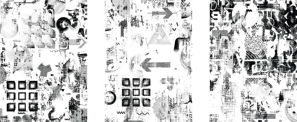 Aufkleber - Set of glitch distorted grunge overlay textures. Collection of overlaying textures with halftone dots, scratches and lines .Screen print vector layers pack. Overlays with grunge textured surface