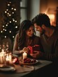 © Business Pics - Happy young couple celebrating anniversary or Valentines day having romantic dinner at home table. Loving man giving red gift box hugging beloved woman making present surprise on date in candle light