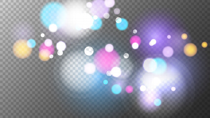 Aufkleber - Bright bokeh lights texture. Abstract blur light effect. Blurred overlay template. Transparent background. Vector illustration.