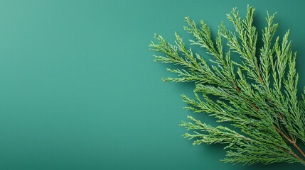 Festive Green Conifer Branch on Teal Background Christmas Holiday Nature