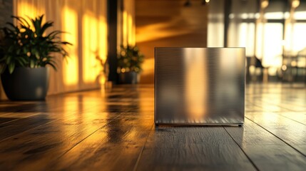 Poster - Modern Minimalist Interior View with Reflection on Polished Wooden Floor Surrounded by Plants and Soft Warm Lighting in Contemporary Office Space