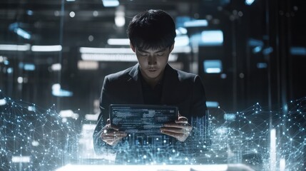 Poster - Businessman use tablet with global structure customer network technology, Data exchanges development. - ai generated