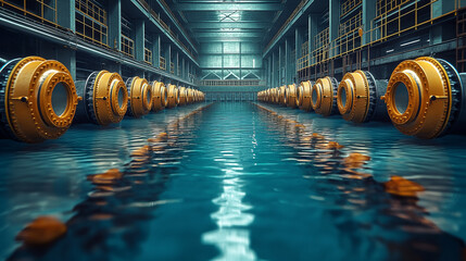 Poster - A tranquil industrial scene featuring a long pool of water with large, circular machines lined along the edges, creating a serene atmosphere.