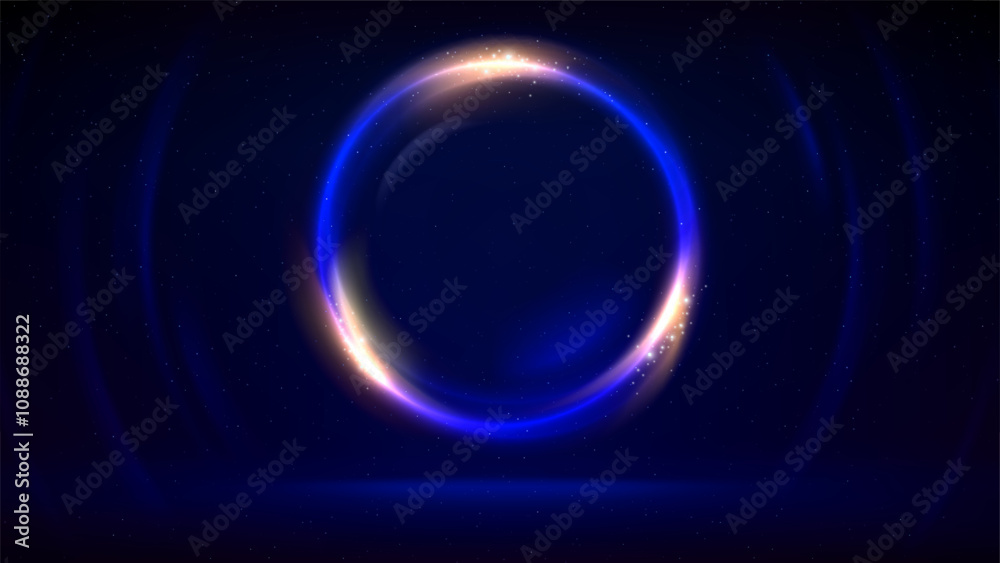 Circular golden frame on dark background. Blue gold glowing circle ...