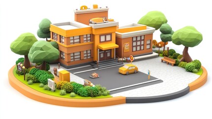 Aufkleber - A colorful, stylized building with trees, parking, and outdoor seating.