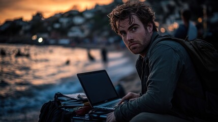 Poster - A man working on a laptop by the beach during sunset, surrounded by nature and people.