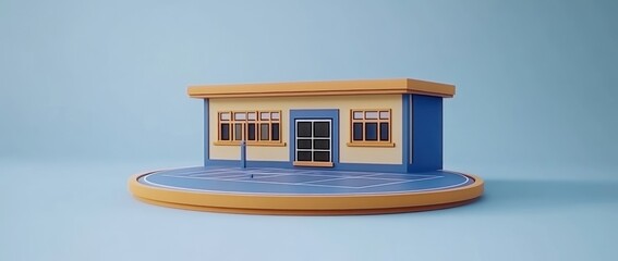 Aufkleber - A colorful, stylized building with a circular base and a blue background.