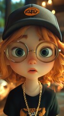 Aufkleber - A stylized character with curly hair, glasses, and a cap, displaying a surprised expression.