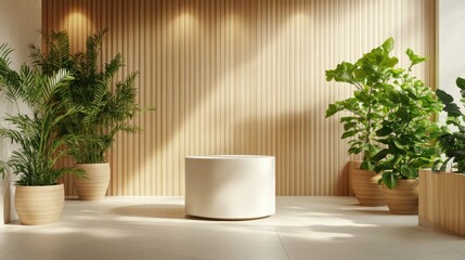 Wall Mural - Modern minimalist interior with light wooden wall, potted plants, and elegant round table, creating a serene atmosphere for relaxation and contemplation.