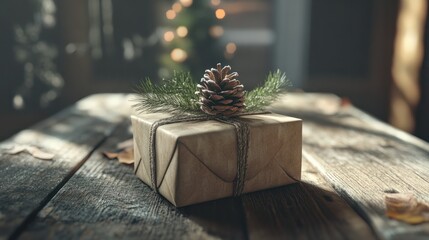 Wall Mural - Eco-friendly handmade gift box with natural decor on a wooden table for a festive Christmas celebration