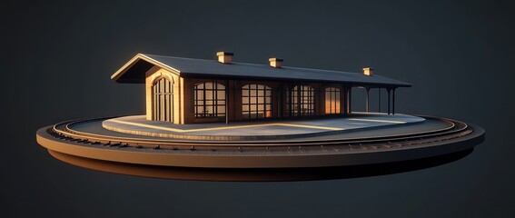 Poster - A 3D model of a train station on a circular platform with a dark background.