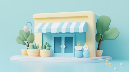Aufkleber - A colorful, playful storefront with plants and a cheerful design.
