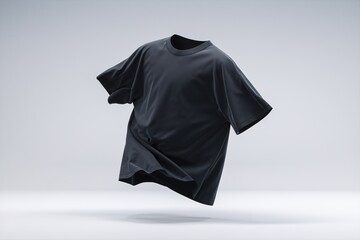 Black T-Shirt Mockup:  A stylish, dark-colored t-shirt floats elegantly against a subtle gray backdrop. Ideal for showcasing designs or branding on a simple yet impactful presentation. 