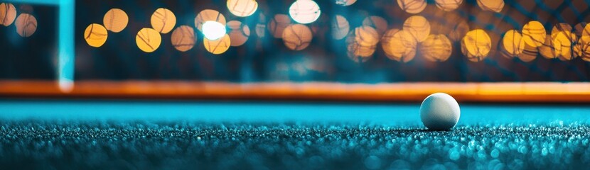 Poster - A close-up of a white ball on a textured surface with blurred lights in the background.