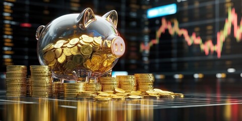 Poster - A transparent piggy bank filled with coins, set against a financial graph background.