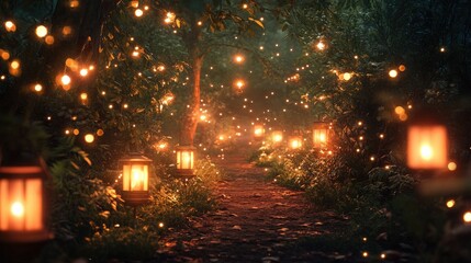Poster - A beautifully illuminated forest path with glowing lanterns and sparkling lights, creating a magical, serene ambiance.