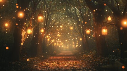 Poster - A beautifully illuminated forest path with glowing lanterns and sparkling lights, creating a magical, serene ambiance.