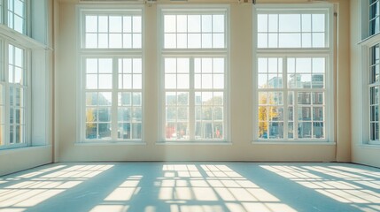 Aufkleber - A bright, empty room with multiple windows, showing the process of installation as workers place new windows on each floor of a building.