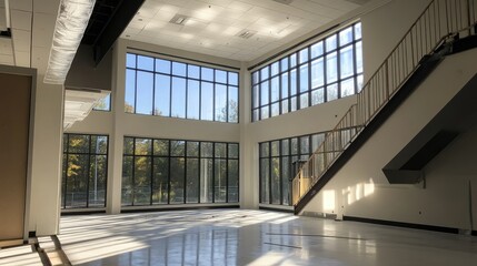 Aufkleber - A clean, empty room with large windows and a staircase, while workers install windows on the upper levels of the building, showcasing progress.
