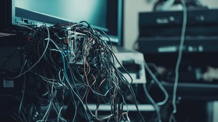 Poster - A close-up of disordered wires tangled around a computer, with visible damage, representing the common issue of tech malfunctions caused by poor cable management.