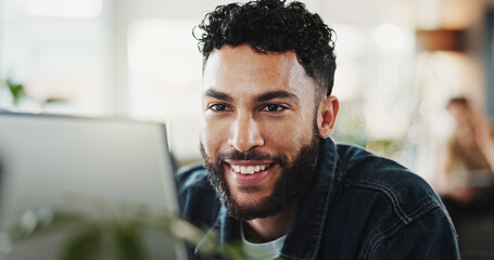 Smile, research and computer with business man in office for planning, networking and company newsletter. Website designer, client feedback and online with person in creative startup for proposal
