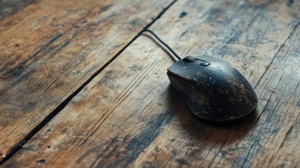 Poster - A computer mouse with a trackball, showing visible signs of age and wear, resting on a timeworn wooden floor in a quiet workspace.