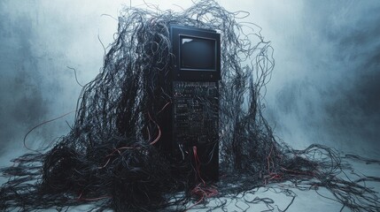 Poster - A computer tower surrounded by tangled wires, symbolizing a malfunction and the disruptive effect of cable disorganization in the tech world.