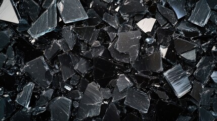 Aufkleber - A dark surface scattered with broken black glass shards, reflecting light and creating an abstract, sharp-edged texture full of contrast.