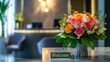© AiDesign - hotel welcome concept with bouquet of flower and Welcome note on modern luxury hotel reception welcoming international guest check-in